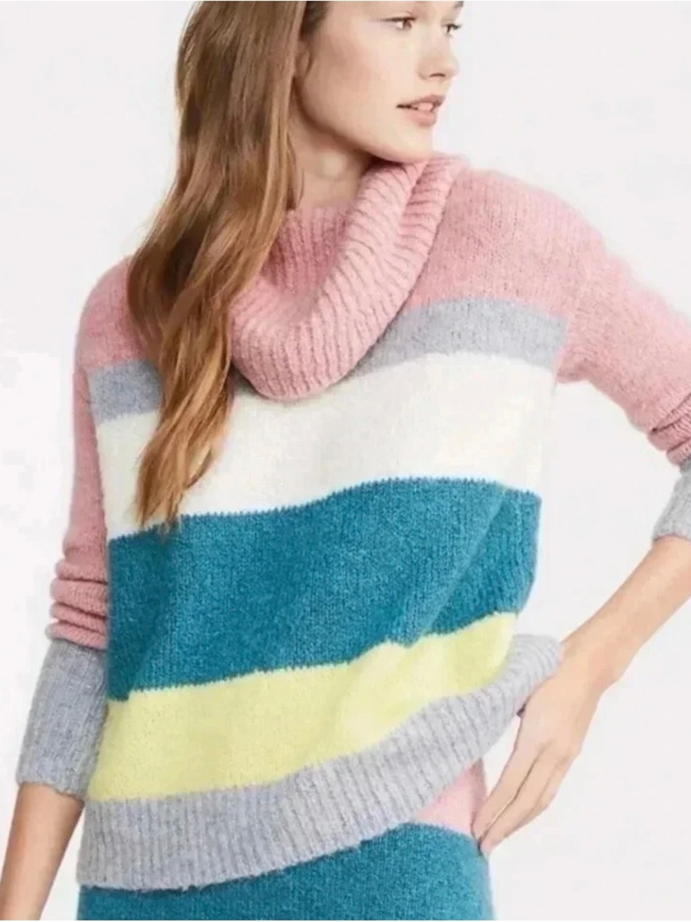 Lou & Grey Multicolor Striped Cowl-Neck Sweater - Pink/Teal/White/Yellow/Gray